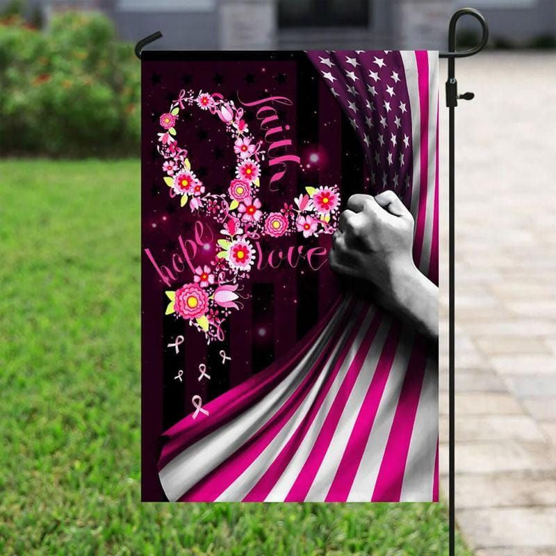 Faith Hope Love, Pink Flower Ribbon, Breast Cancer Awareness Flag, House & Garden Flag THAOVTT480