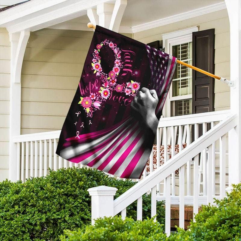 Faith Hope Love, Pink Flower Ribbon, Breast Cancer Awareness Flag, House & Garden Flag THAOVTT480