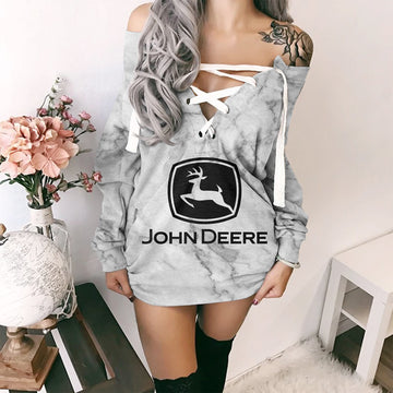 JD Off Shoulder Deep V-Neck Lace Up Long Sleeve Pullover