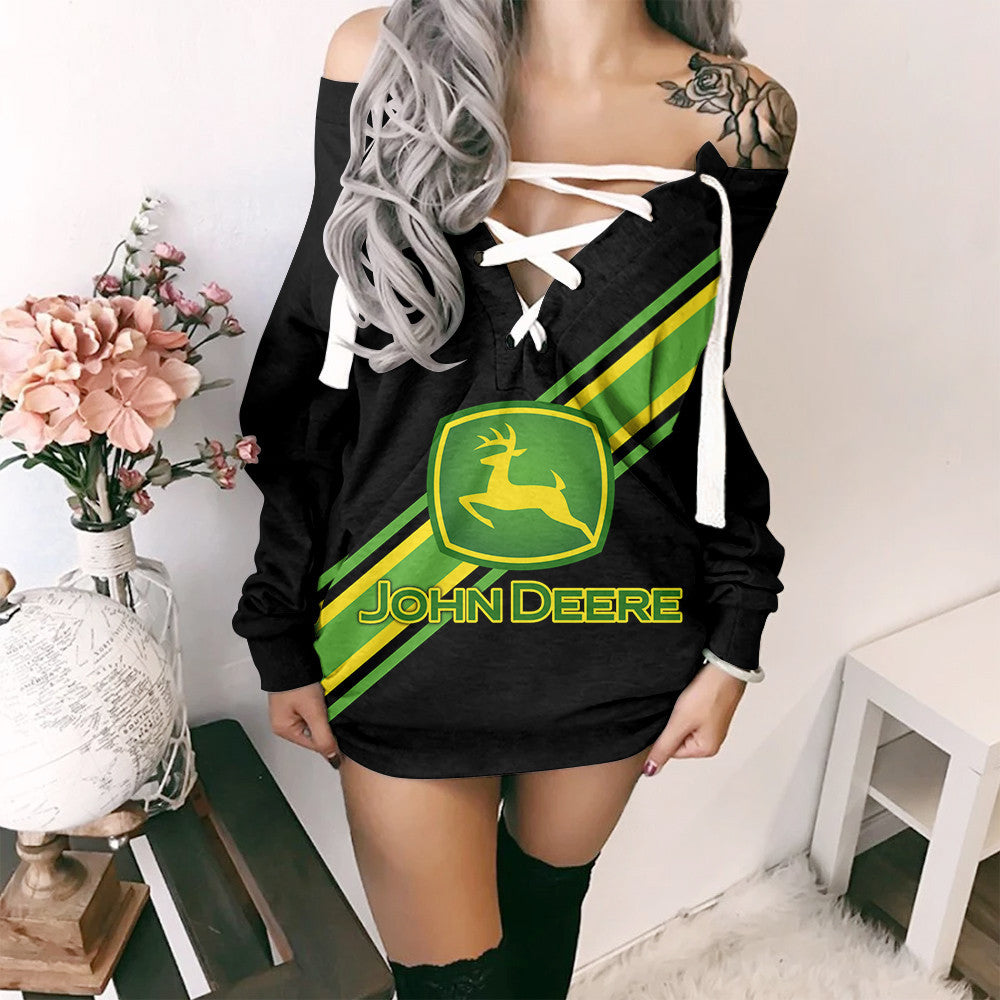 JD Off Shoulder Deep V-Neck Lace Up Long Sleeve Pullover